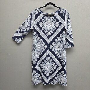 Haani Dress Womens XL Navy Blue White Bandana Paisley Shift 3/4 Sleeve Stretch